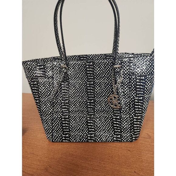 Guess Black-White Embossed Reptile Print Tote Bag (R) - Picture 1 of 10